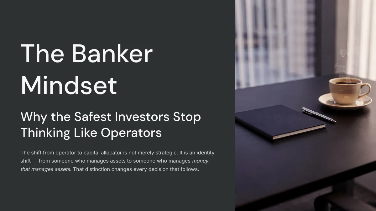 Minimal executive desk with notebook and coffee representing the calm deliberate mindset of a capital allocator