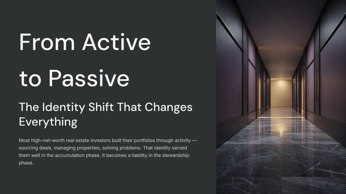 Long symmetrical corridor with warm light ahead representing the transition from active operator to passive capital steward