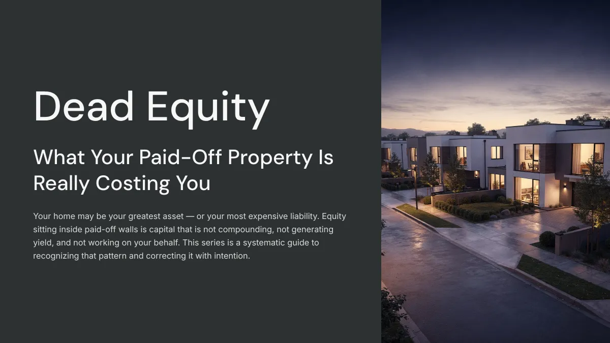 Modern residential properties at dusk representing equity sitting unproductive inside paid-off walls