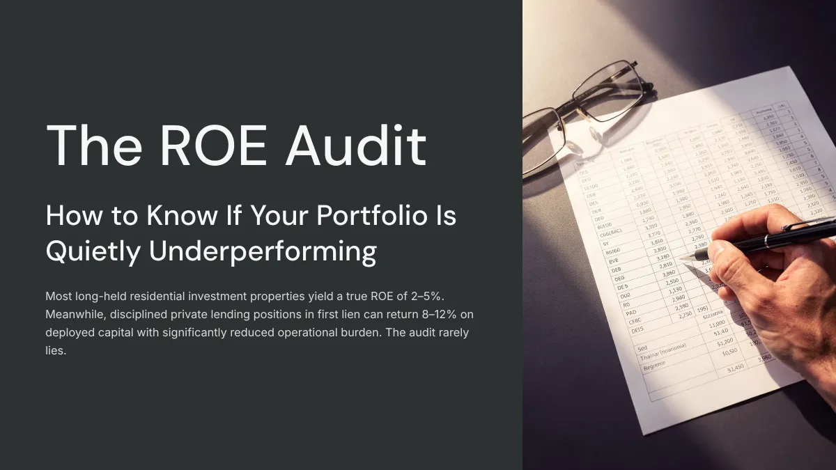 Investor reviewing financial spreadsheet with reading glasses and pen conducting a return on equity portfolio audit