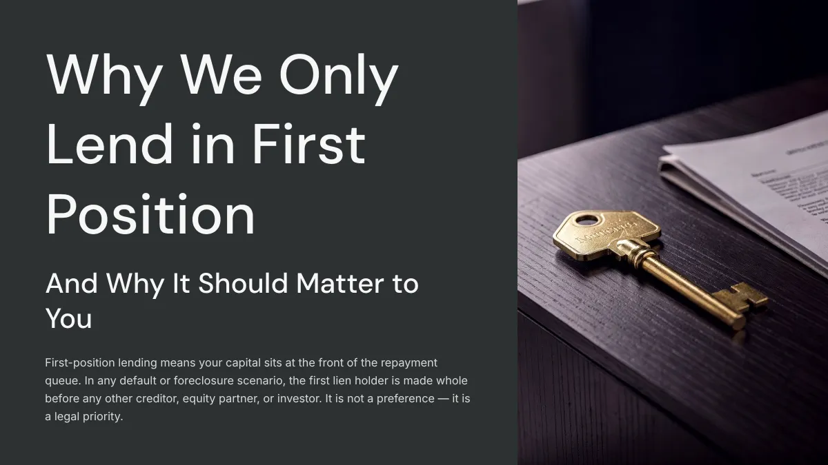 Brass key resting on legal documents representing senior secured first-position lending rights and structural capital protection