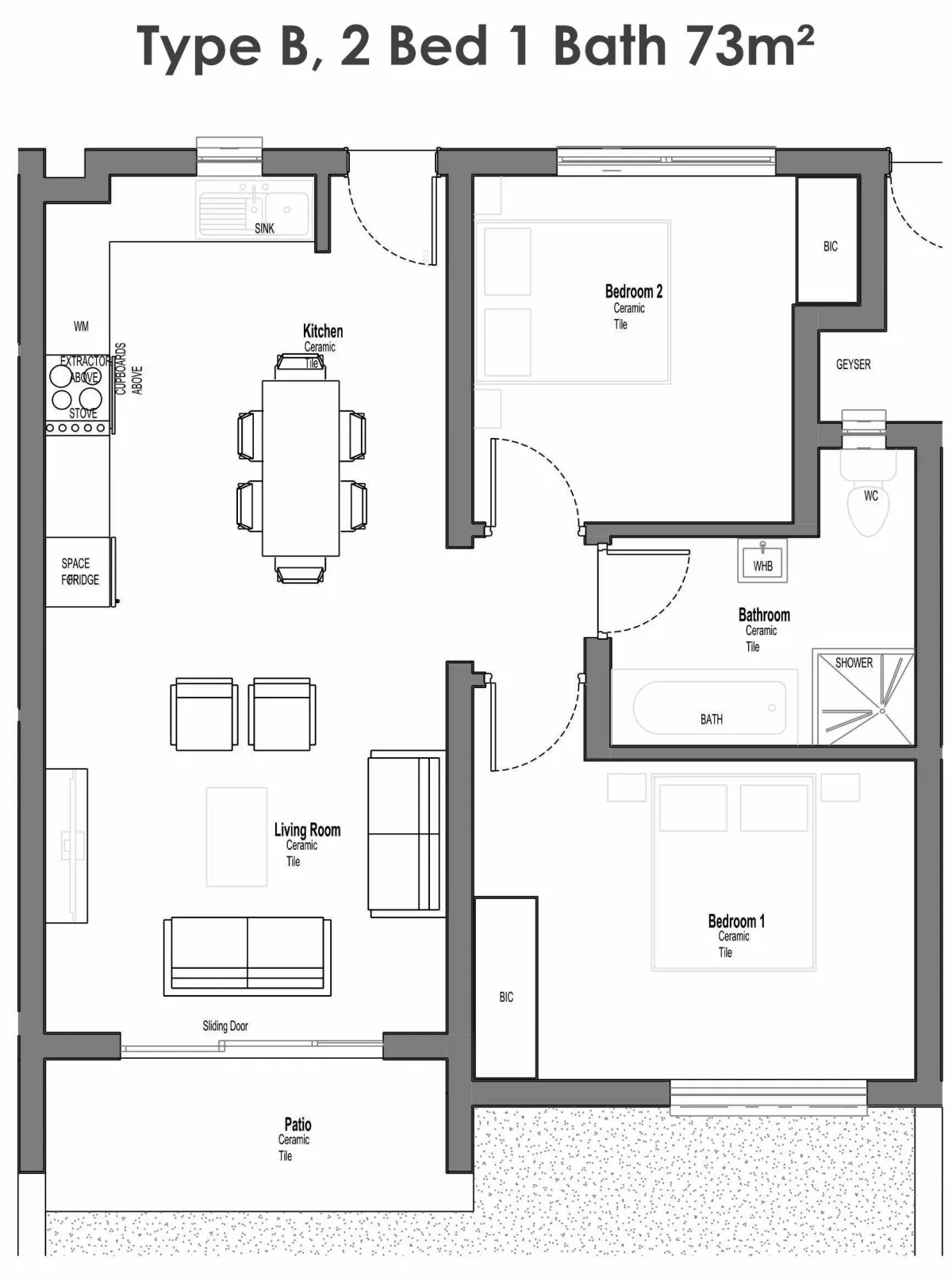 Midrand floorplan 2 bed and 1 bath