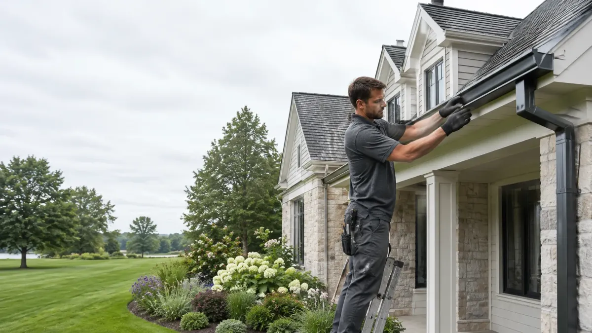 Professional gutter replacement on an upscale Wyoming MI home with new seamless aluminum gutters and downspouts.