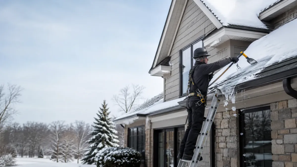 Professional ice dam removal from the roof edge and gutter system of a Wyoming MI home during winter.
