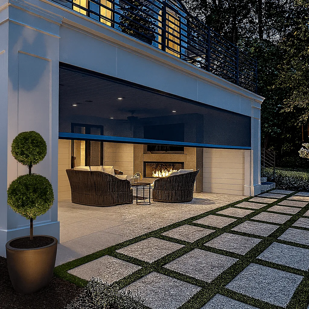 Premium motorized retractable screen enclosure at dusk