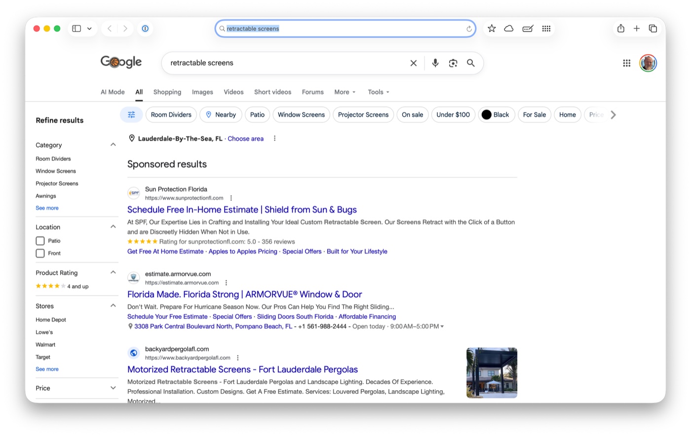 Google search results for retractable screens, dominated by sponsored ads and commodity listings