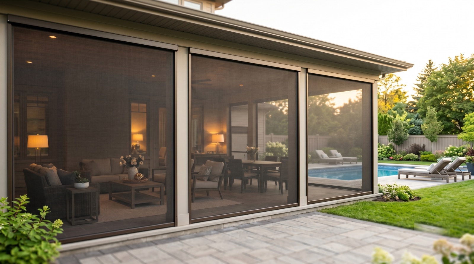 Premium screened patio enclosure overlooking a backyard pool at golden hour