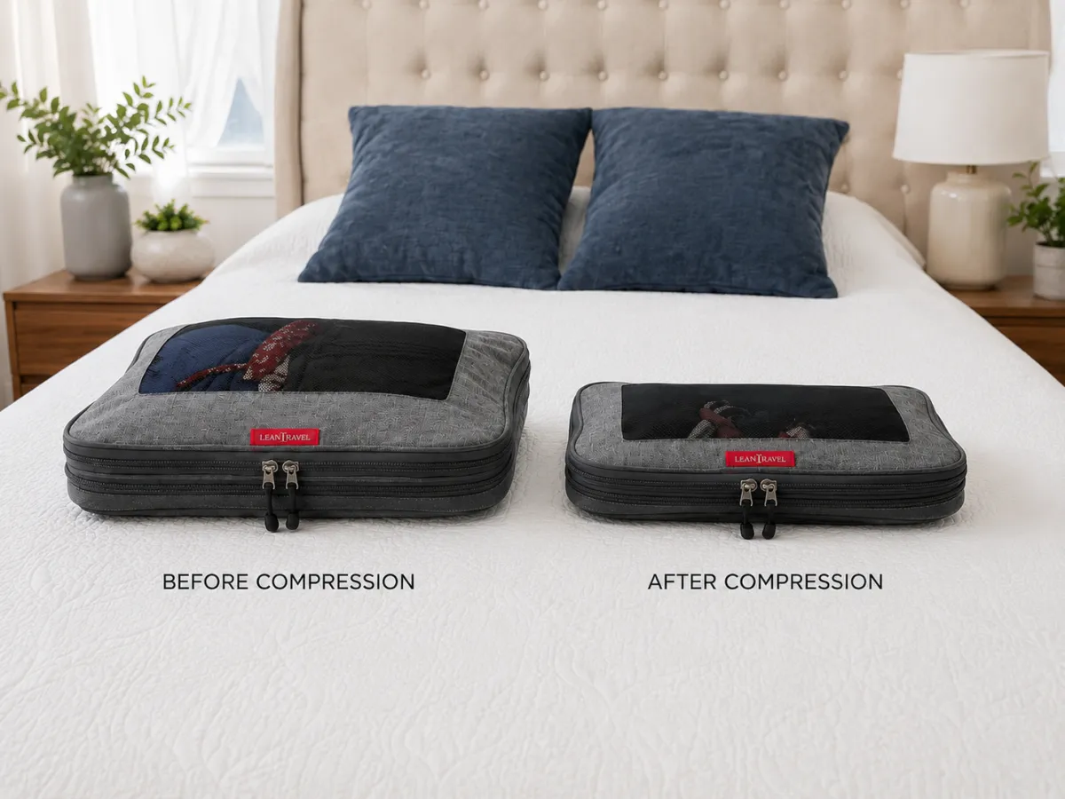 Compression packing cubes open and packed inside a carry on suitcase