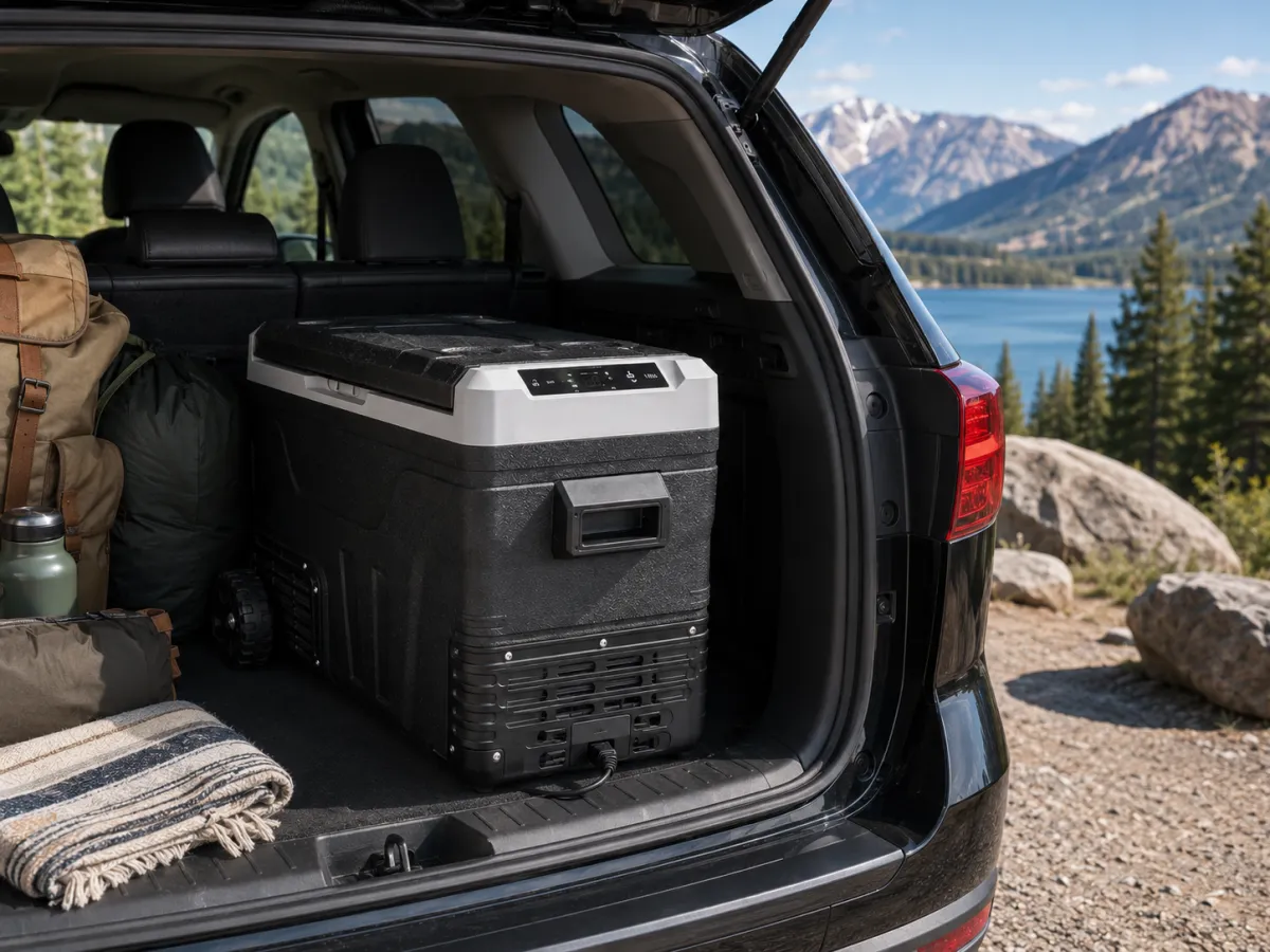 Euhomy 12 volt electric cooler in the back of an SUV