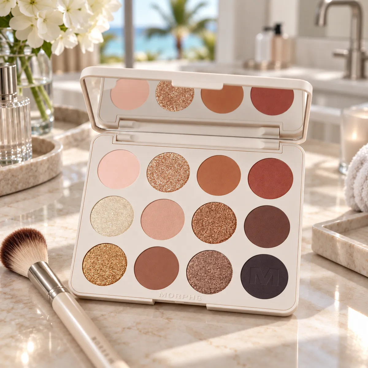 Neutral 12-shade eyeshadow palette with matte and shimmer colors