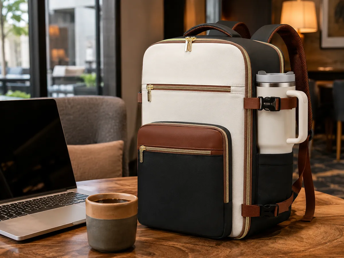 Carry-on travel backpack with laptop and travel mug