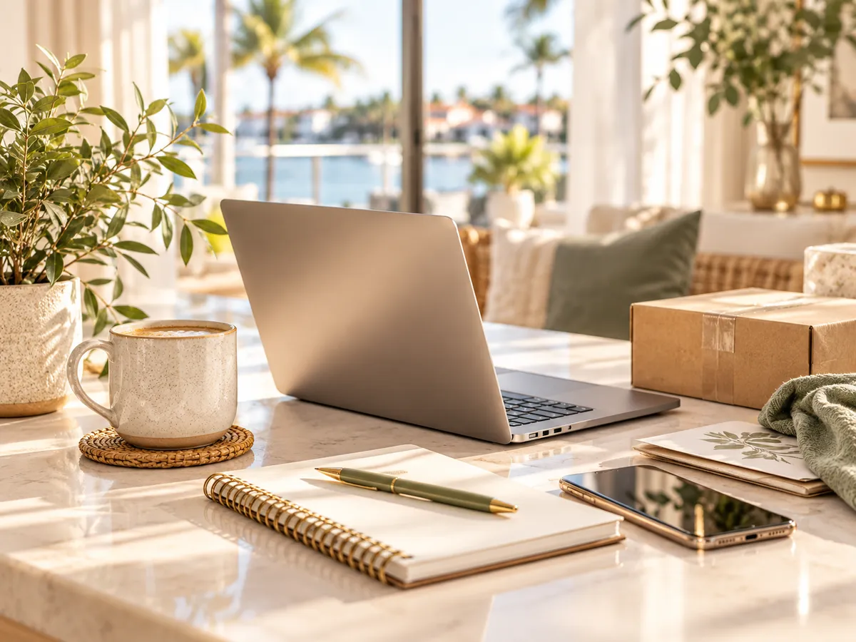 Sunlit coastal home workspace with laptop, notebook, coffee, phone, and small package