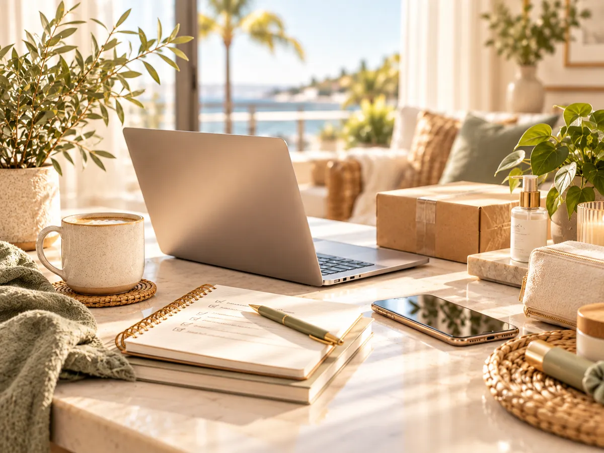 Sunlit coastal workspace with laptop, package, notebook, phone, and everyday products