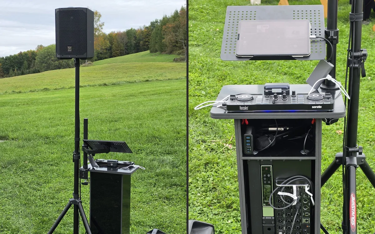 Battery-powered wedding ceremony sound system set up outdoors