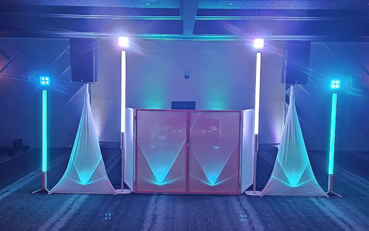 Wedding DJ booth with lighting set up at The Landing in Matamoras, PA
