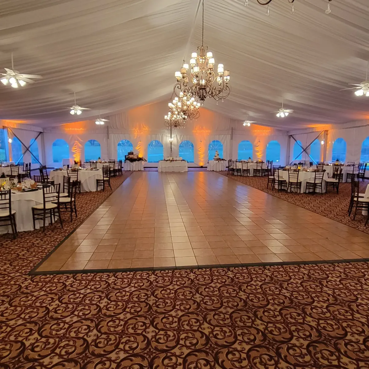 Dance floor set up inside a wedding tent