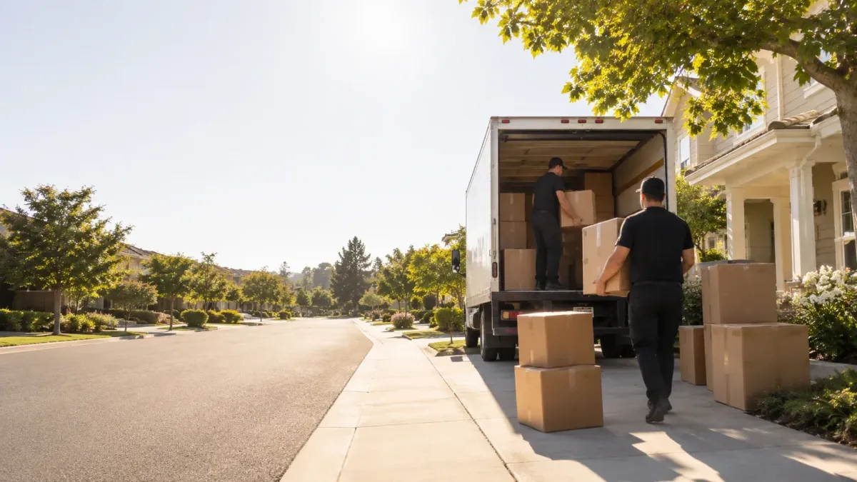 Petaluma Ninja Movers crew loading boxes into a moving truck during a local residential move in Petaluma, CA.