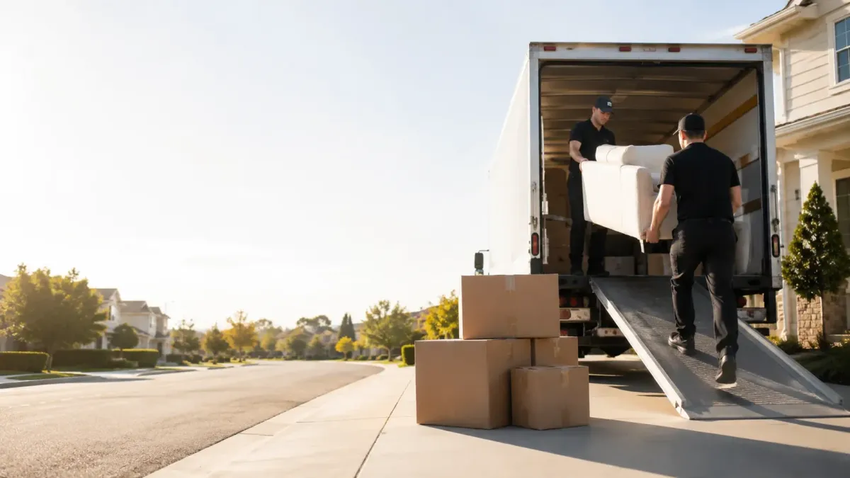 Petaluma Ninja Movers loading a couch and moving boxes into a truck for moving labor and furniture moving service in Petaluma, CA.