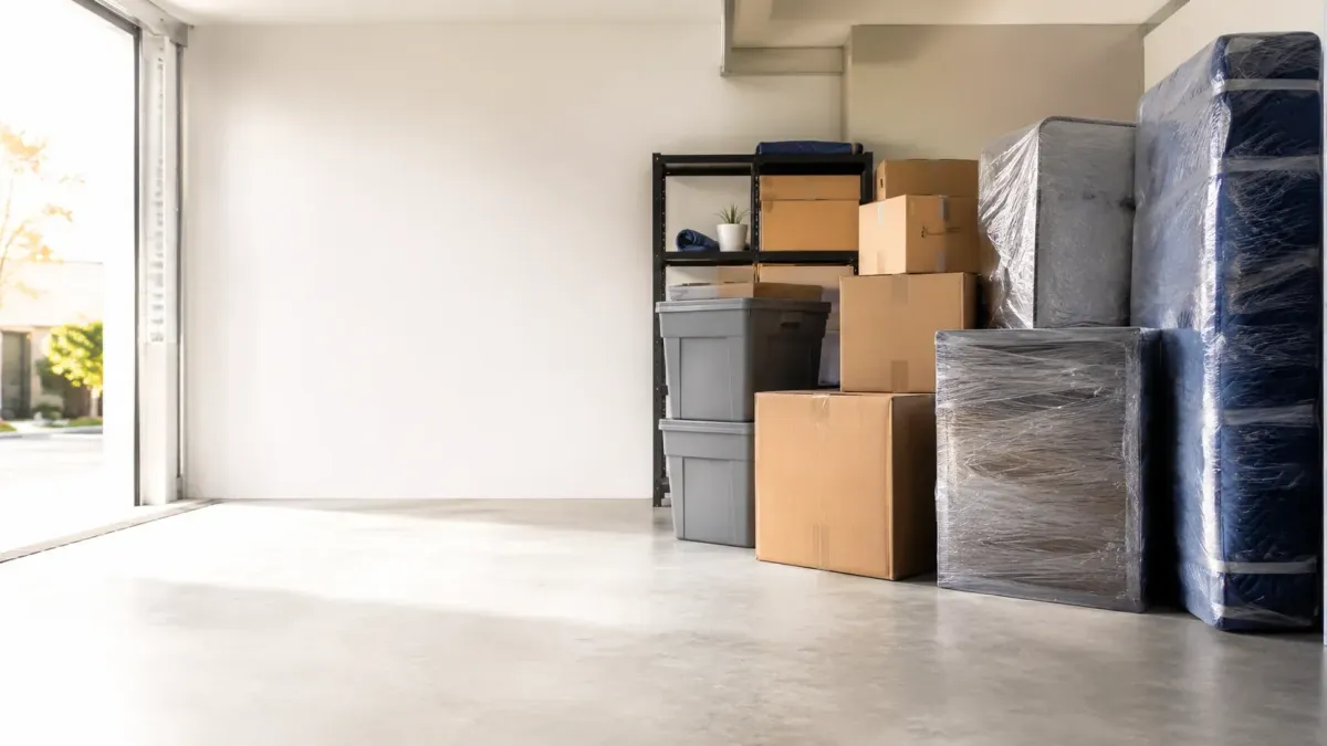 Petaluma Ninja Movers boxes and wrapped furniture stored neatly in a clean storage space for moving and storage solutions in Petaluma, CA.
