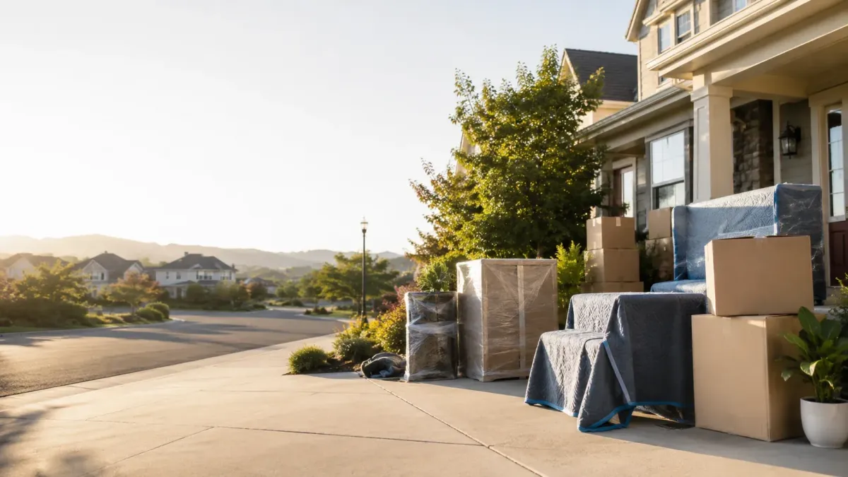 Petaluma Ninja Movers wrapped furniture and moving boxes staged outside a home for residential moving service in Petaluma, CA.