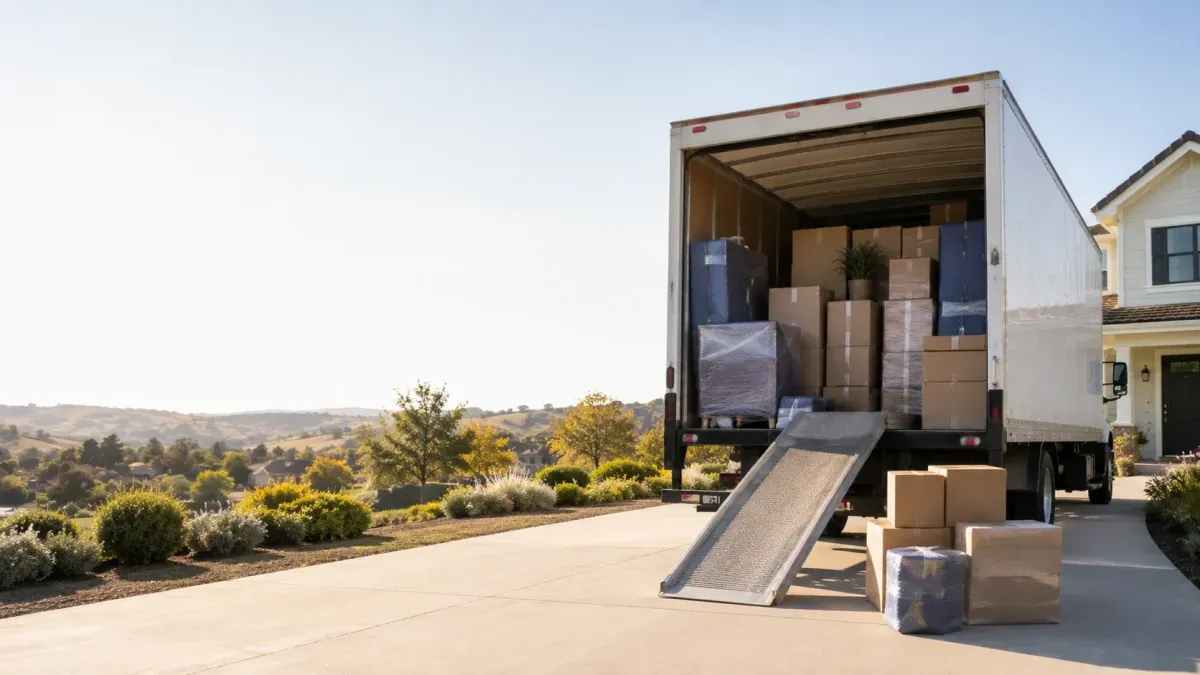 Petaluma Ninja Movers truck loaded with boxes and wrapped furniture for a long distance move in Petaluma, CA.