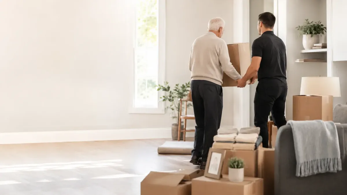 Petaluma Ninja Movers assisting a senior customer with boxes during a careful senior moving service in Petaluma, CA.
