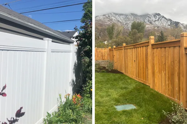 white vinyl privacy fence next to wood fence with mountains in background