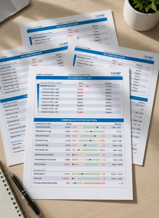 Clinical lab reports and diagnostic data sheets resting on an office countertop
