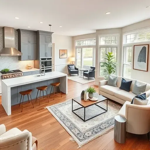 Completed home remodel in Coatesville PA features modern open-concept kitchen and living area with stylish design elements.