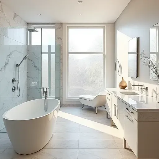 Beautiful remodeled bathroom in Landenberg PA with marble shower, freestanding tub, double quartz vanity, and natural lighting