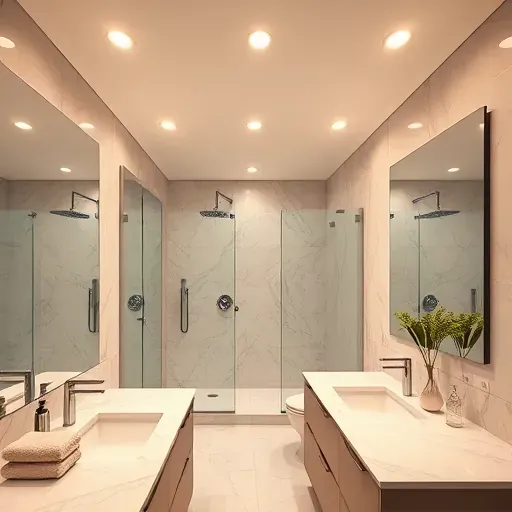 Finished modern bathroom in Landenberg PA with recessed LED lighting, marble counters, glass shower, and sleek fixtures