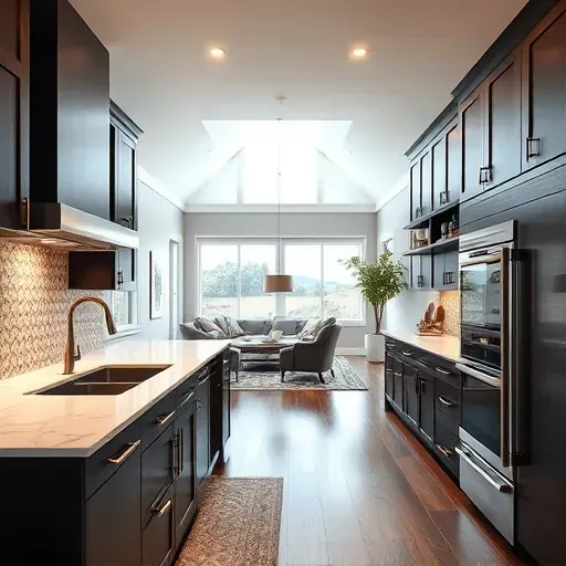 Modern kitchen remodel in Downingtown PA featuring dark cabinetry, stainless steel appliances, marble island, and natural light.