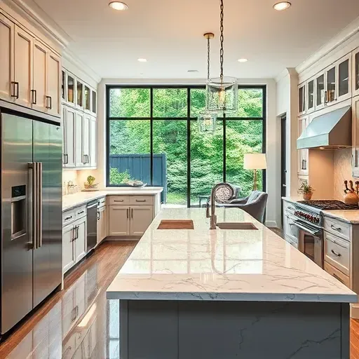 Modern kitchen in Malvern PA with stainless steel appliances, marble island, and soft lighting in a stylish setting.