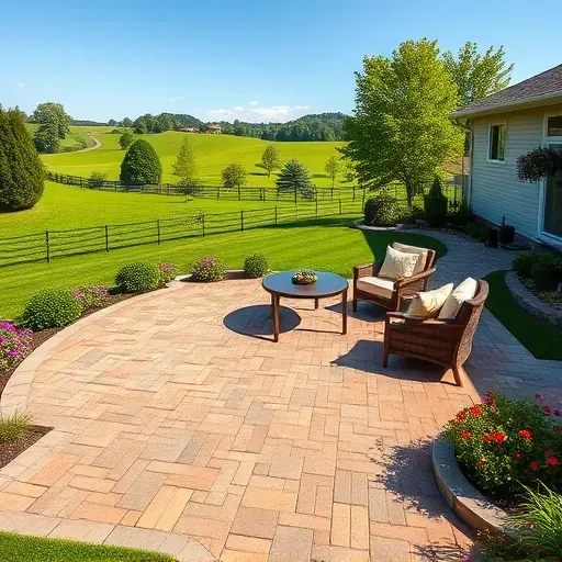 Meticulously laid natural stone paver patio with outdoor seating, lush landscaping, and scenic rural Pennsylvania backdrop