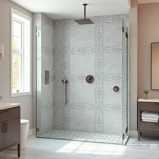 Luxury custom modern shower with patterned tiles, frameless glass, rainhead, in a stylish Landenberg PA bathroom