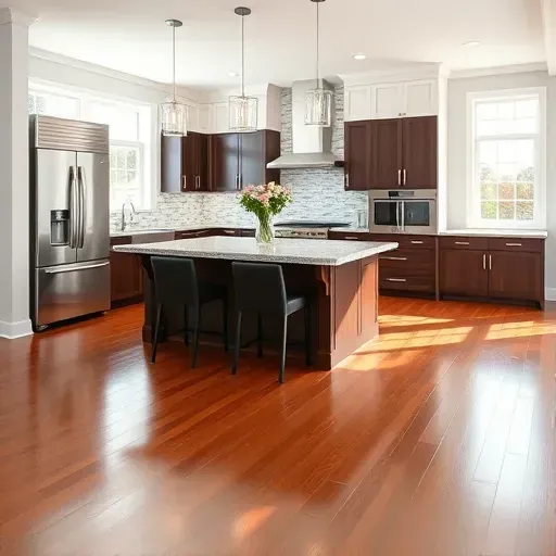 Modern kitchen remodel in Townsend DE featuring granite island, stainless appliances, dark and white cabinetry, and natural light.