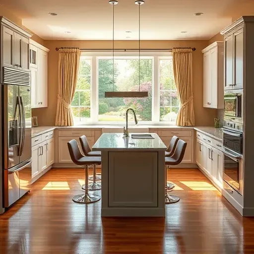 Modern kitchen remodel in Glen Mills PA with sleek appliances, granite counters, custom cabinetry, and serene garden view.