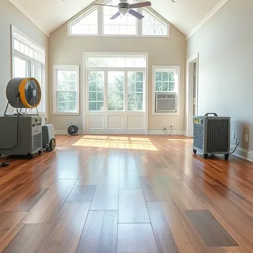 Restored Landenberg Pennsylvania residential living room with cleaned hardwood floors, repaired walls, and organized restoration equipment