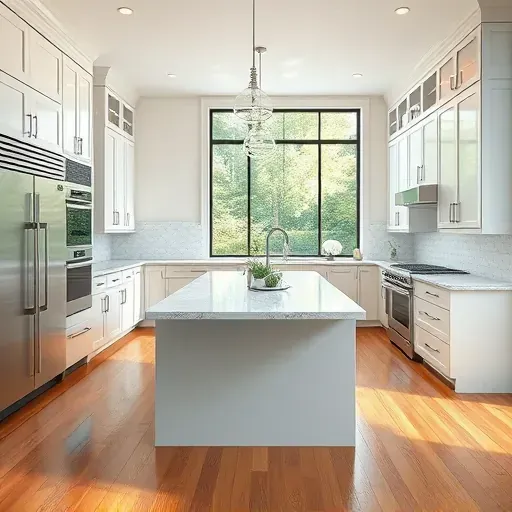 Modern remodeled kitchen in Landenberg PA with high-gloss cabinets, stainless steel appliances, quartz countertops, marble island, hardwood floors, large window with greenery, minimalist backsplash, and elegant lighting