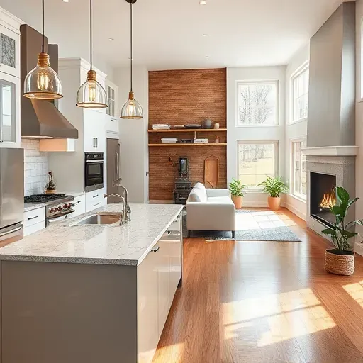 Modern kitchen remodel in Avondale PA with sleek cabinets, stainless appliances, island, and stylish living area.