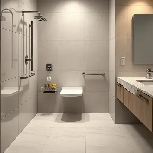 Handicap accessible modern shower with slip-resistant floor, grab bar, wide entry, fold-down seat, and neutral tiles in Landenberg PA