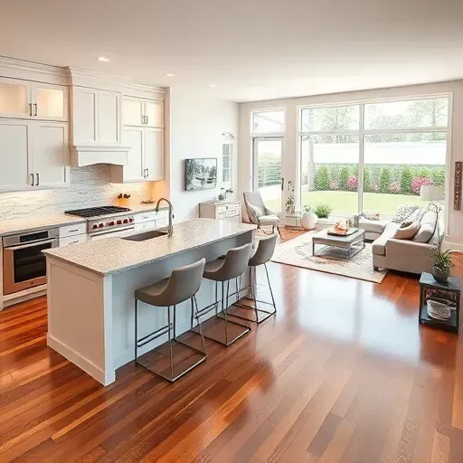 Modern kitchen remodel in Townsend DE features sleek white cabinetry, granite countertops, and elegant decor with large windows.