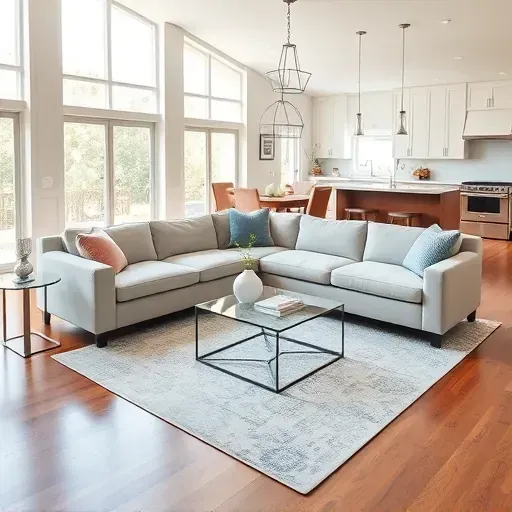Modern living room remodel in Wilmington DE with natural light, hardwood floors, stylish furniture, and open layout.