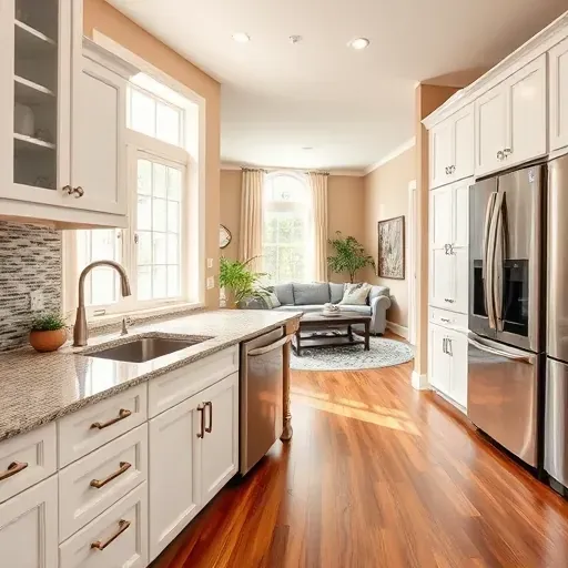 Bright remodeled kitchen in Kennett Square PA with white cabinets, granite countertops, and modern appliances. Cozy living area visible.
