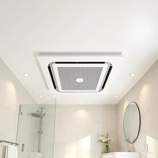 Modern bathroom with ceiling-mounted sleek exhaust fan, light tiles, glass shower, minimalist vanity, and contemporary decor