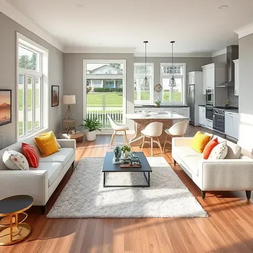 Completed home remodel in Middletown DE features a modern living room with sleek furniture, gray walls, and energy-efficient windows.