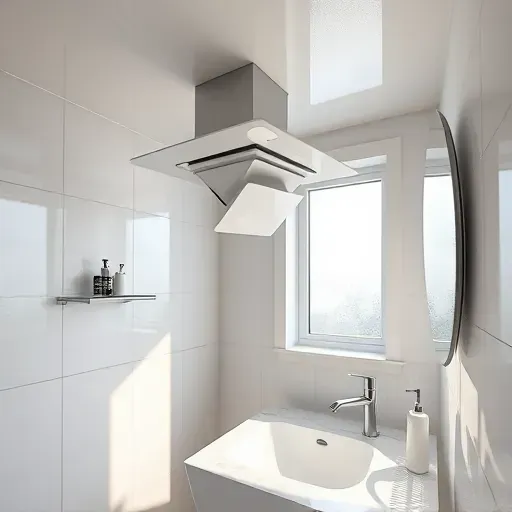 Freshly installed modern bathroom exhaust fan in a sleek, clean bathroom with tiled walls, marble countertop, natural light, and tidy space