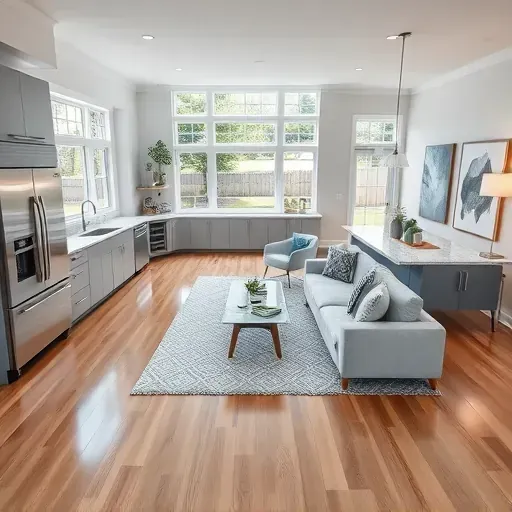 Home remodeling in Middletown DE showcasing a spacious open-plan living area with elegant hardwood floors and modern decor.