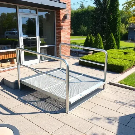 Freshly installed sleek metal wheelchair ramp at modern Landenberg PA building with brick and glass facade, lush landscape.