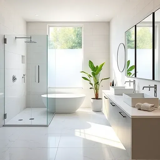 Spacious modern bathroom in Landenberg PA featuring a glass shower, freestanding tub, and elegant double vanity.